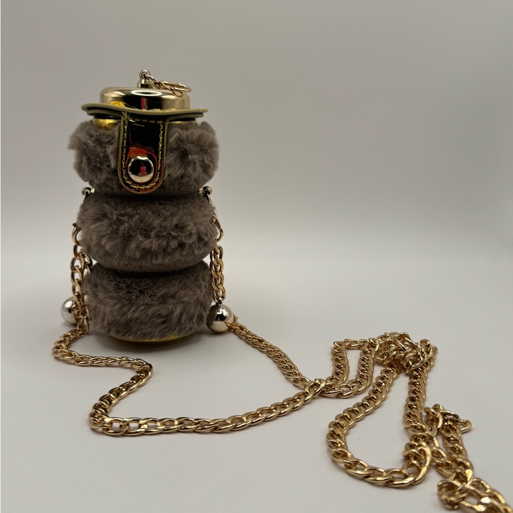 Faux Fur Pom Tank Charm Crossbody Necklace - Gray & Gold